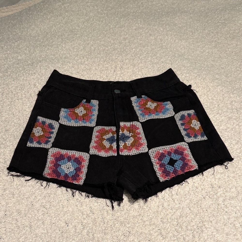 POL Black Jean Shorts with Colorful Crochet Patches